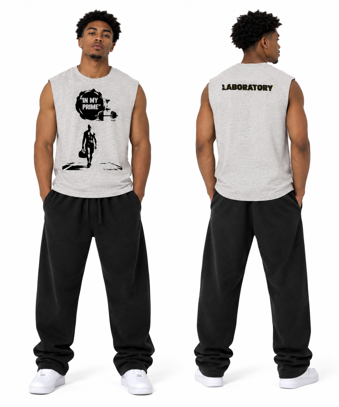 A male model shown from the front and back wearing a light gray sleeveless t-shirt with a black graphic print on the front and 'LABORATORY' printed in black on the back, paired with black sweatpants and white sneakers, against a plain white background.