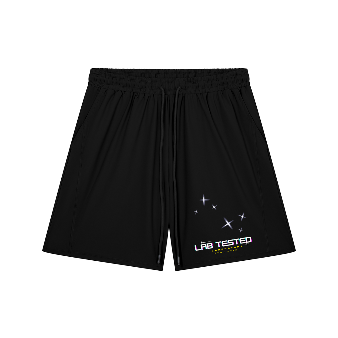 Black laboratory galaxy shorts with a lab tested logo on a white background