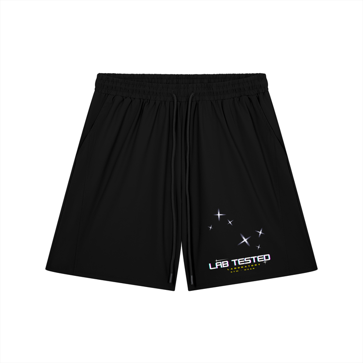 Black laboratory galaxy shorts with a lab tested logo on a white background