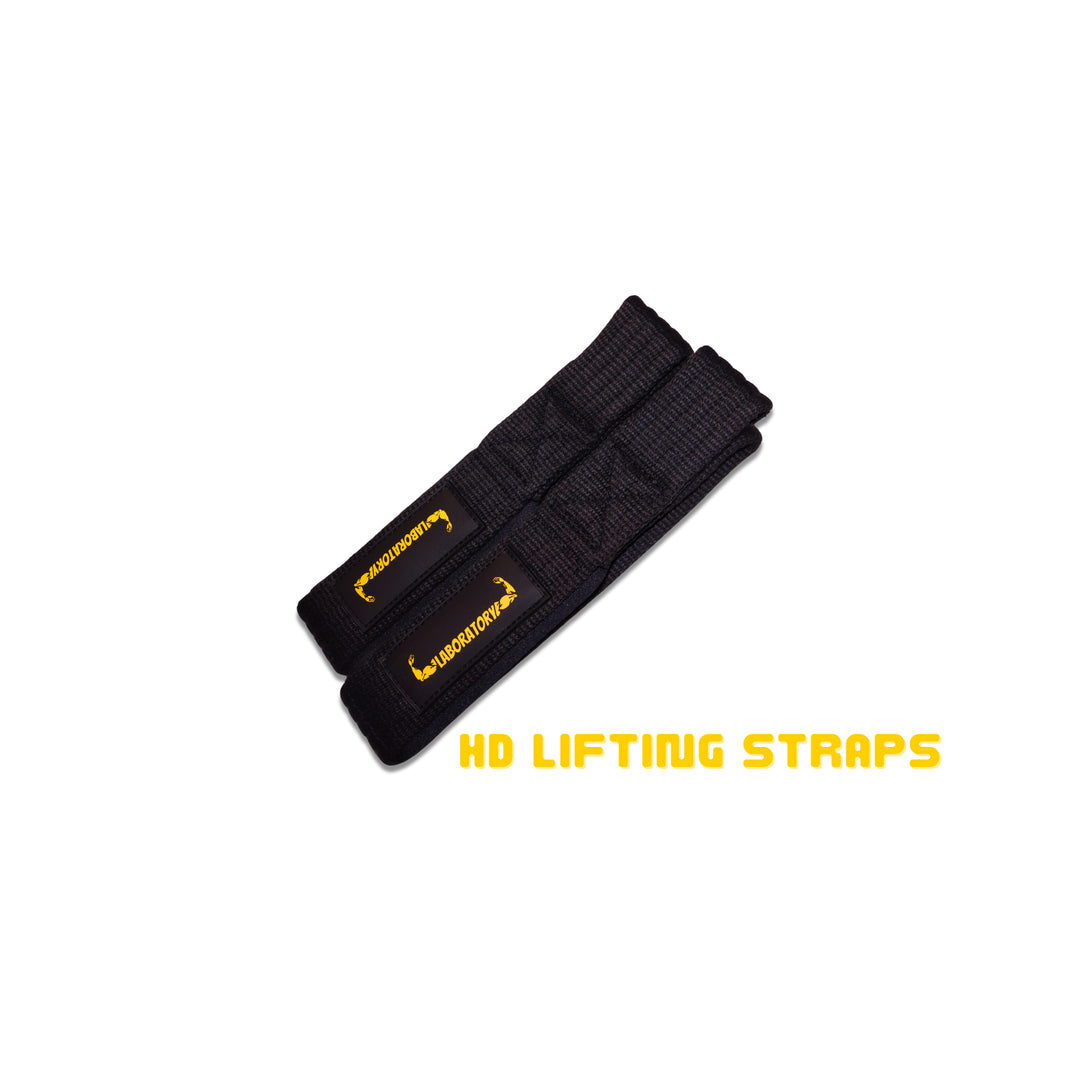 Black lifting straps with yellow text on a white background