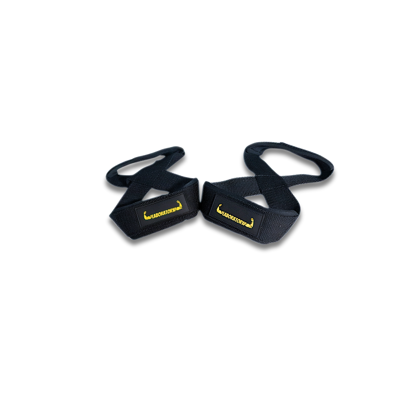 Pair of black figure 8 straps with yellow logos on a white background