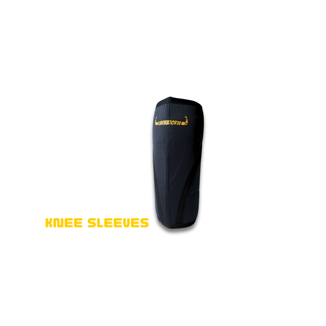 Black knee sleeve with a brand logo on a white background