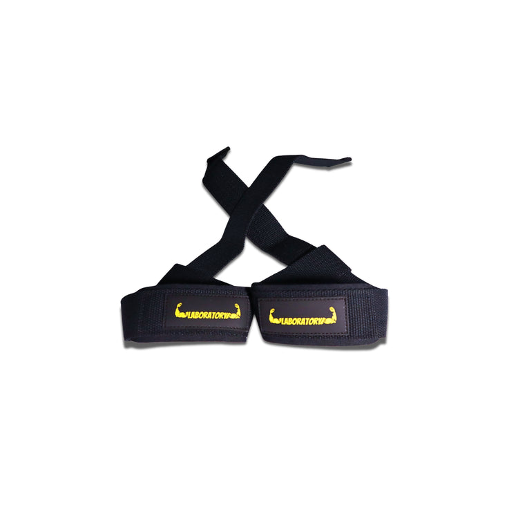 Black lifting  straps with yellow logo on a white background