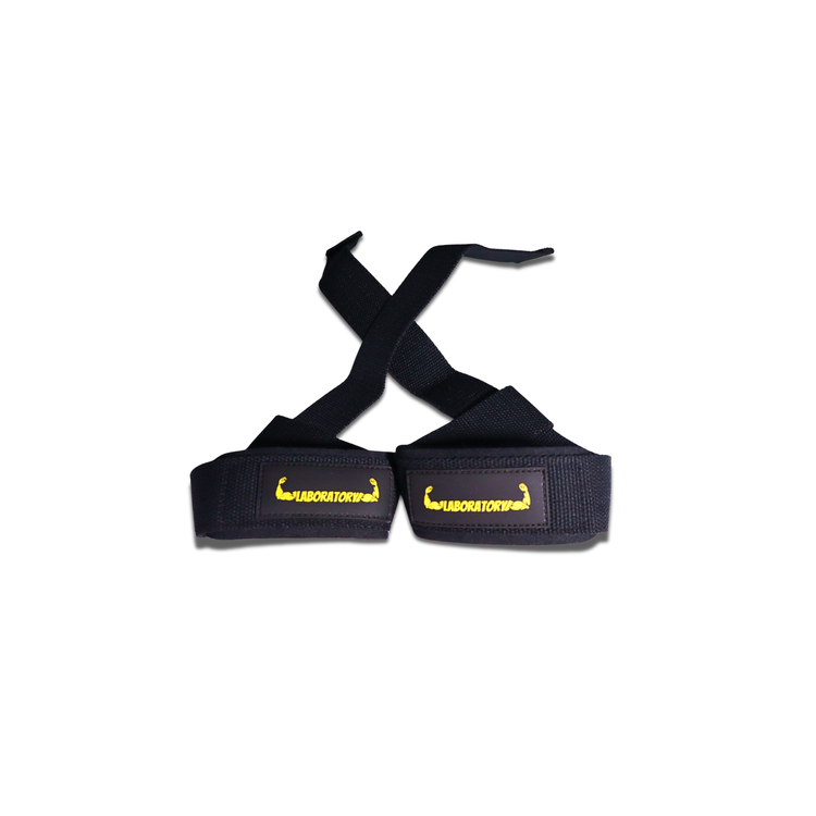Black lifting  straps with yellow logo on a white background