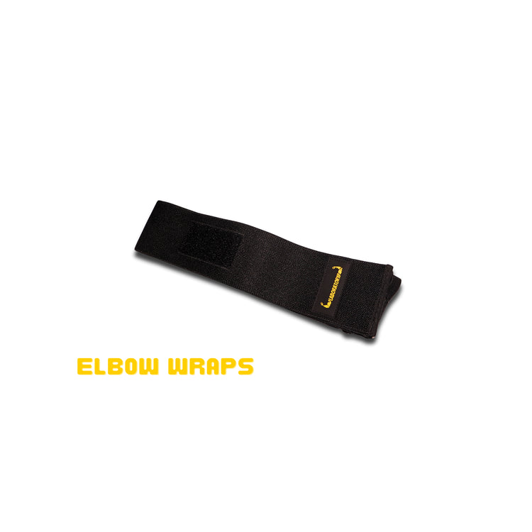 Black elbow wrap with a brand logo on a white background, labeled 'Elbow Wraps'.