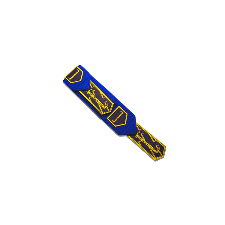 Blue and yellow laboratory wrist wrap v2 with a logo on a white background