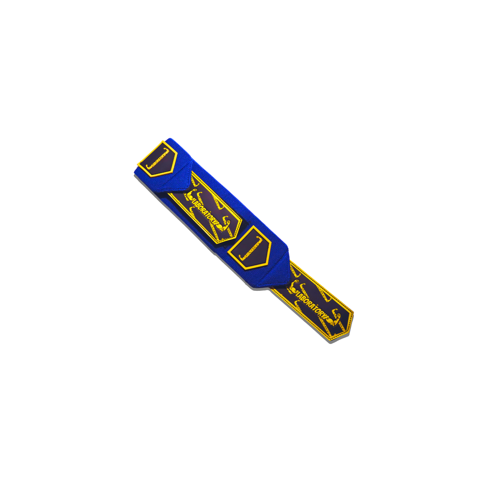 Blue and yellow laboratory wrist wrap v2 with a logo on a white background