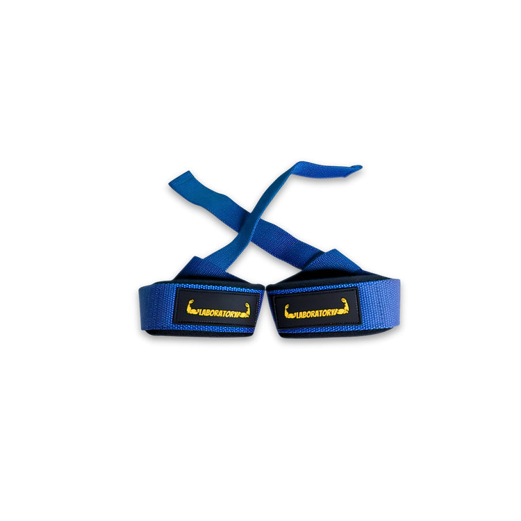 Pair of blue lifting straps with black straps on a white background
