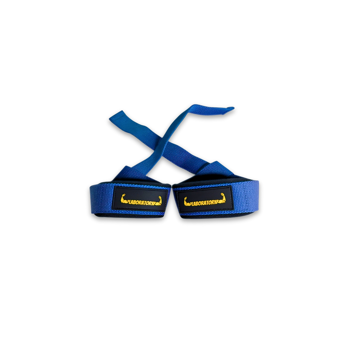 Pair of blue lifting straps with black straps on a white background