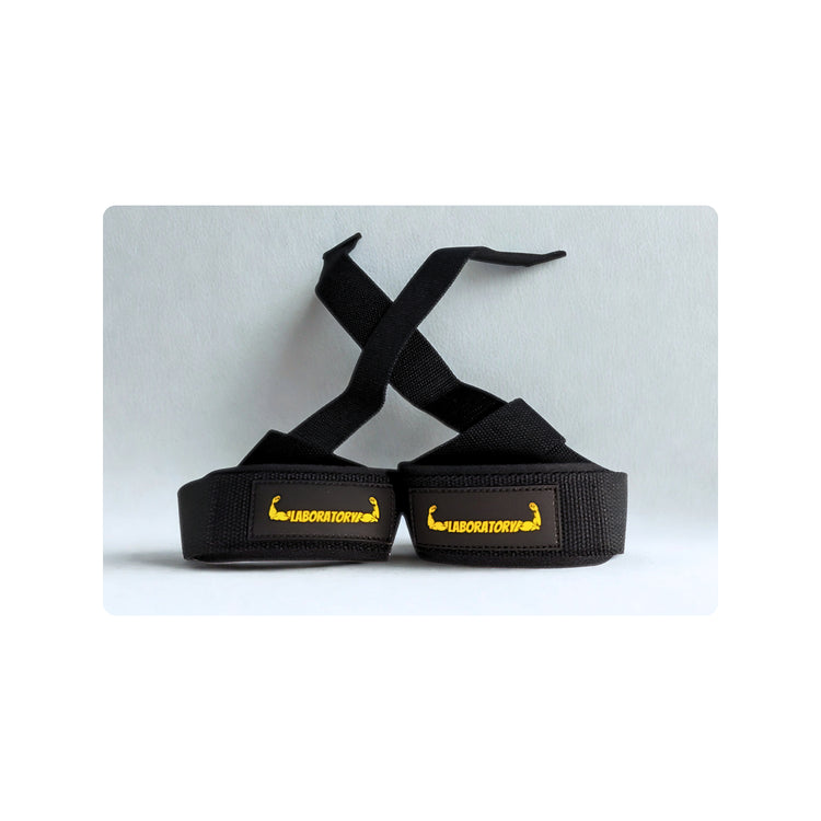 Black LIFTING straps with yellow logo on a white background