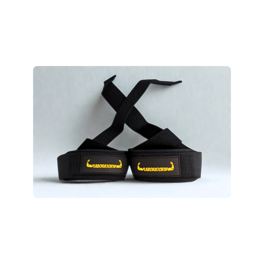 Black LIFTING straps with yellow logo on a white background