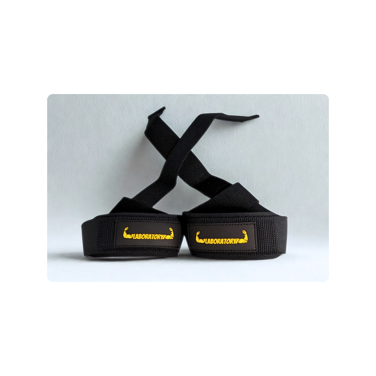 Black LIFTING straps with yellow logo on a white background