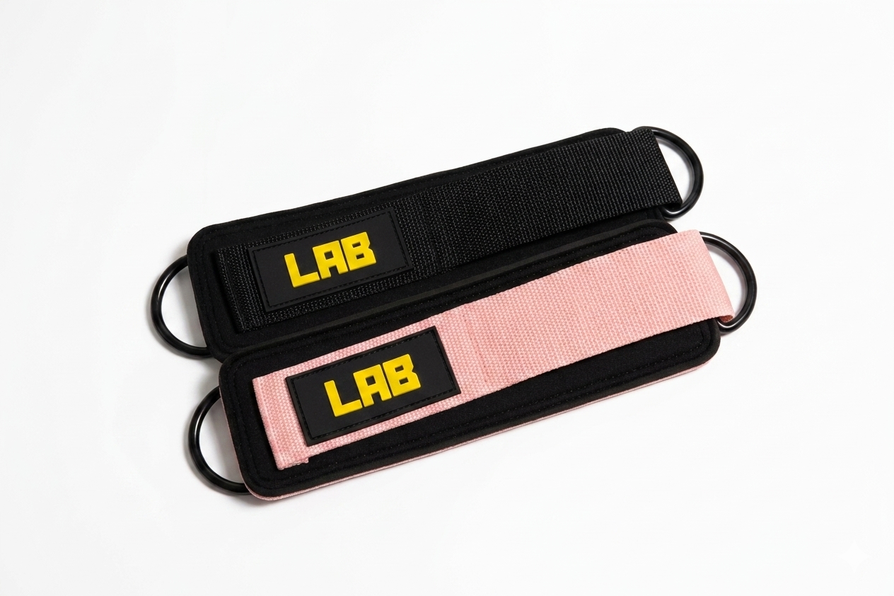 Two black and pink straps with 'LAB' branding on a white background