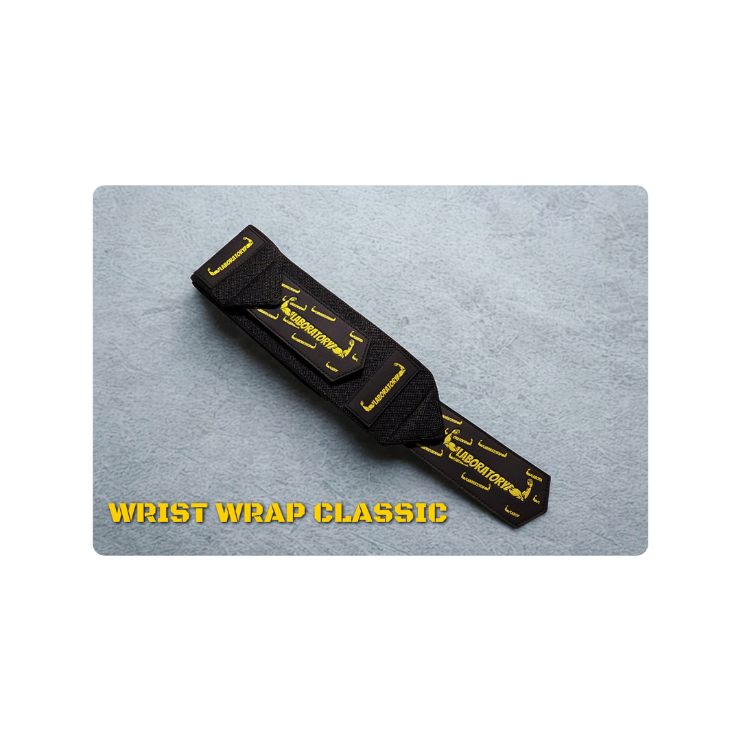 LABORATORY Black wrist wrap V1 with yellow text on a gray background