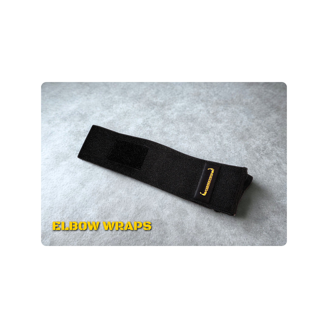 Black elbow wrap with a brand logo on a gray background