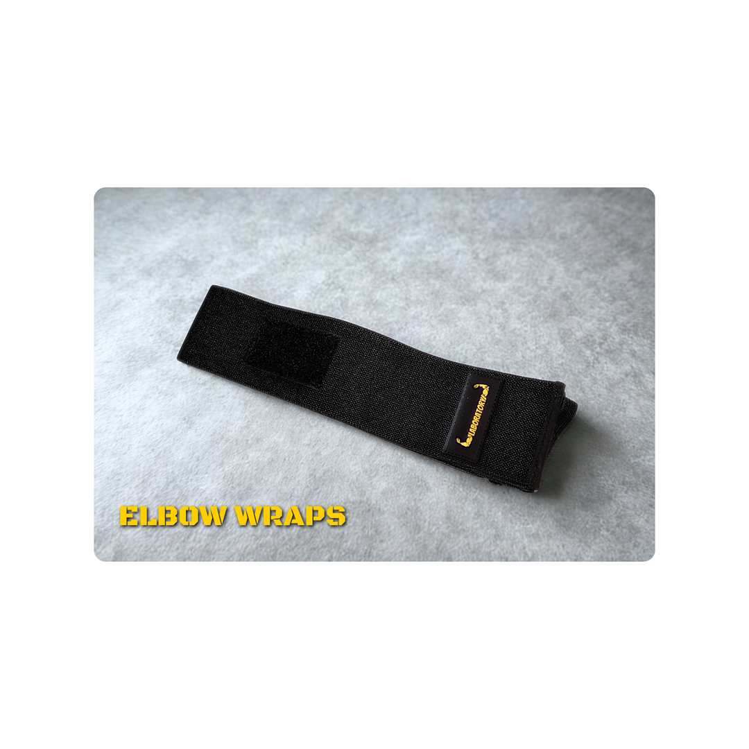 Black elbow wrap with a brand logo on a gray background