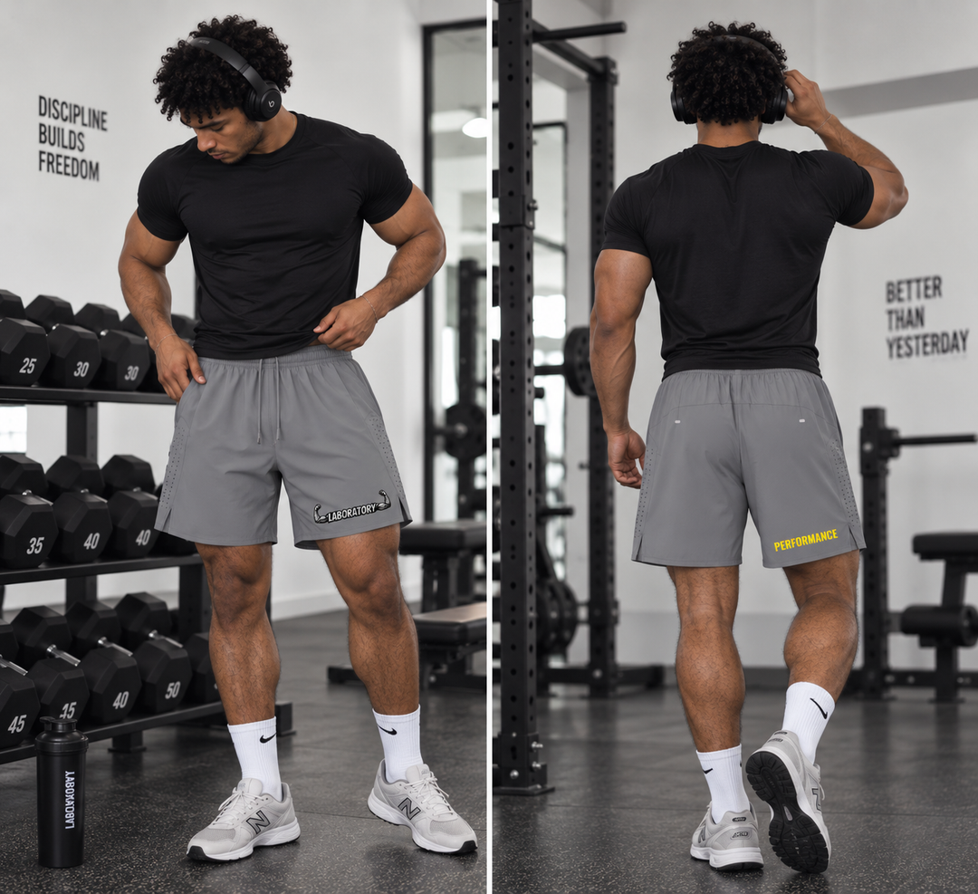 A split-view fitness lifestyle image showing a man in a gym from the front and back, wearing gray athletic shorts with 'Performance' printed on the side, a black t-shirt, and white socks.