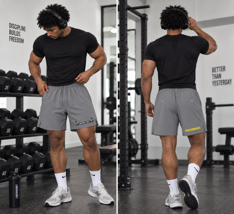 A split-view fitness lifestyle image showing a man in a gym from the front and back, wearing gray athletic shorts with 'Performance' printed on the side, a black t-shirt, and white socks.