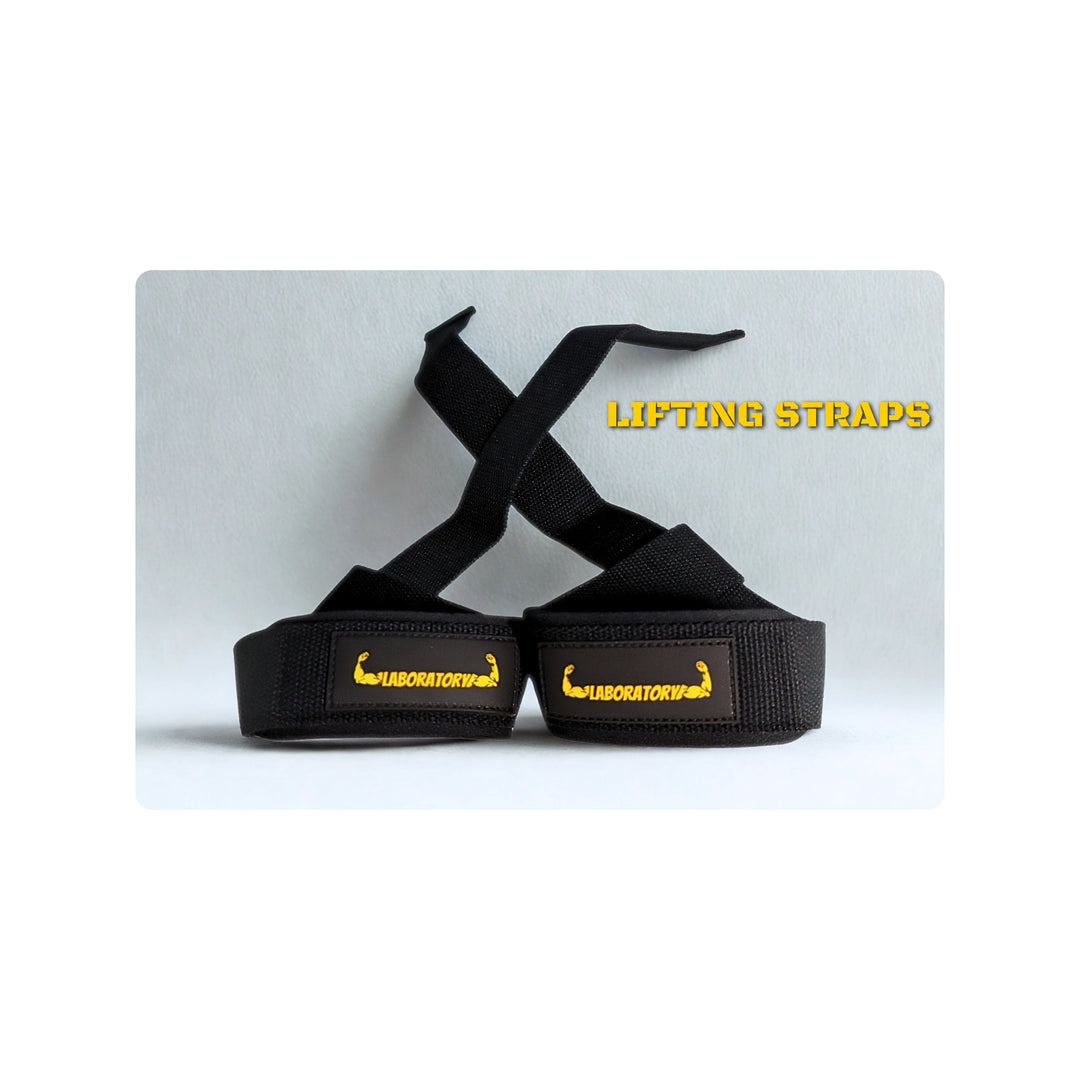 Black lifting straps with yellow text on a white background