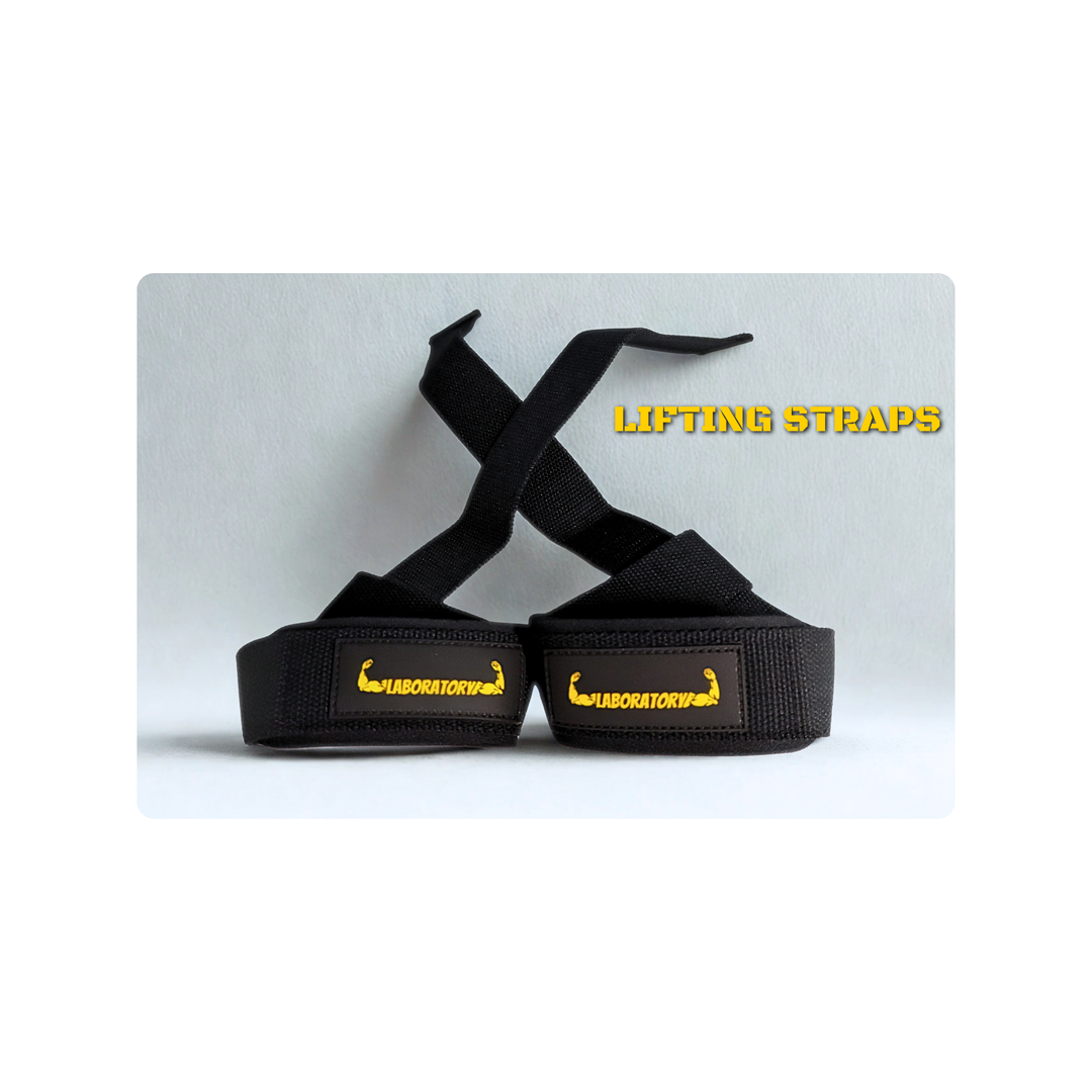 Black lifting straps with yellow text on a white background