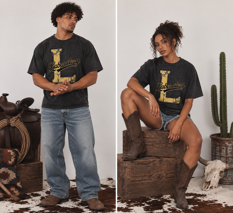 A split-screen lifestyle image showing a man and a woman wearing matching dark gray graphic t-shirts with a distressed yellow 'L.A.