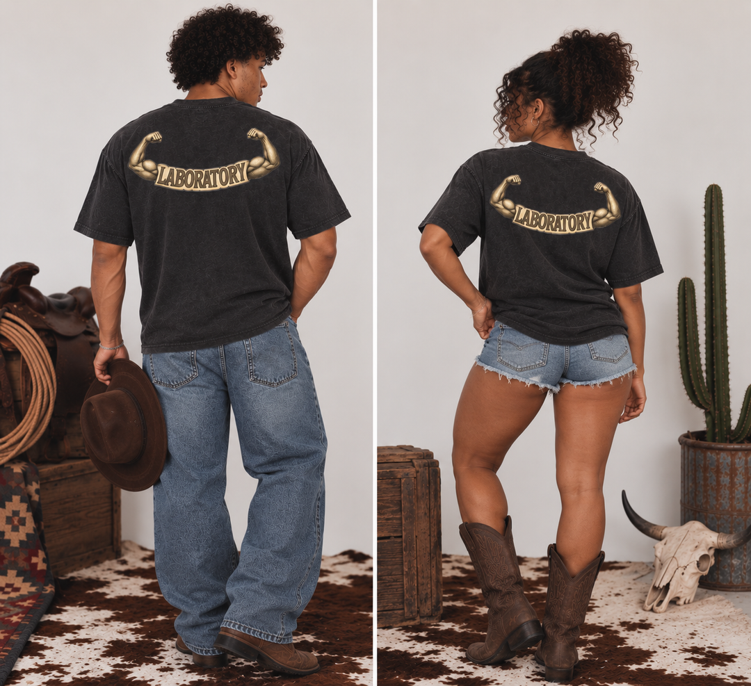 A split view showing a woman from the back wearing a black graphic t-shirt with a gold flexing arms design that says 'LABORATORY'. She is wearing blue denim shorts and boots in a rustic western-themed room with a cowhide rug, cactus, and skull.