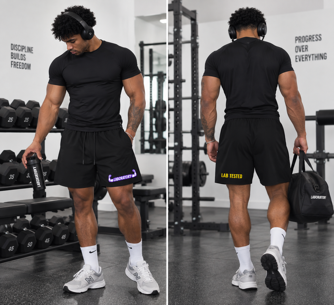 A split view of a man in a gym wearing black athletic shorts with purple and yellow text, paired with a black t-shirt, white socks, and gray sneakers. The left side shows him from the front holding a water bottle, and the right side shows him from the back carrying a black duffel bag.
