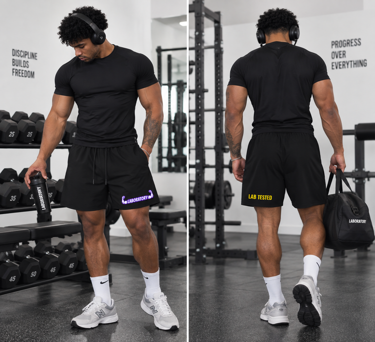 A split view of a man in a gym wearing black athletic shorts with purple and yellow text, paired with a black t-shirt, white socks, and gray sneakers. The left side shows him from the front holding a water bottle, and the right side shows him from the back carrying a black duffel bag.