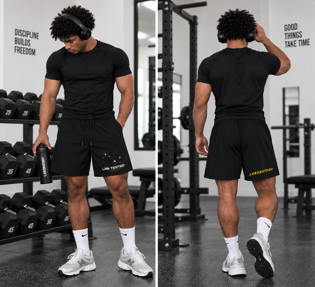 A split-screen lifestyle image showing a man in a gym from the front and back, wearing a black short-sleeve t-shirt and black athletic shorts with white socks and light gray sneakers. The front view shows the front of the shorts with a small white graphic, while the back view shows the back of the shorts with yellow 'LABDSTERY' branding.