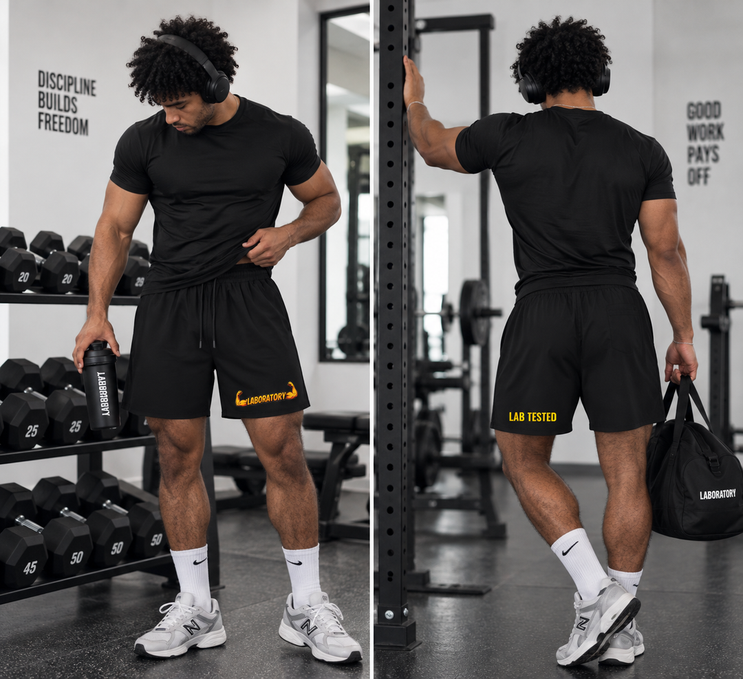A man in a gym wearing a black short-sleeve t-shirt and black athletic shorts with yellow text. The image shows two side-by-side views of him from the front and back, demonstrating the fit of the apparel.