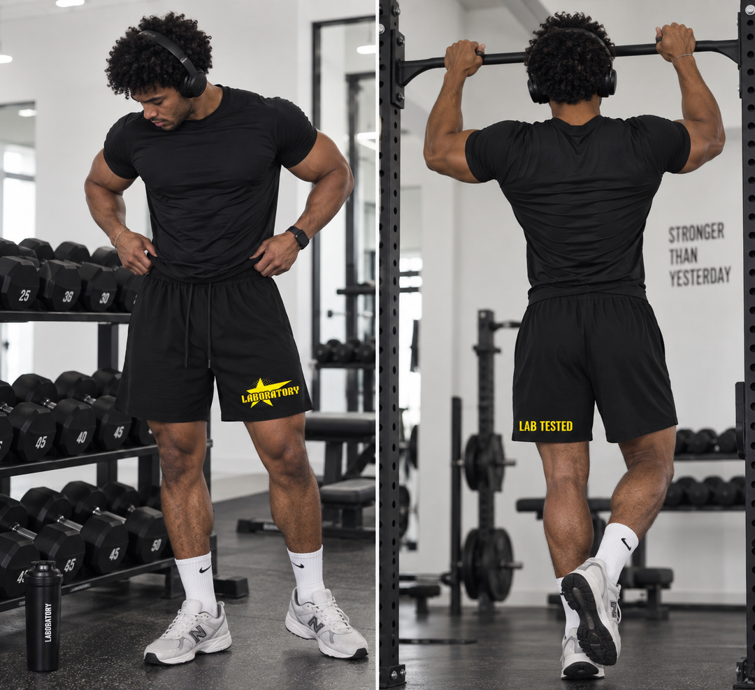 A split-screen lifestyle image showing a man in a gym wearing black athletic shorts with a yellow 'LAB TESTED' logo. On the left, he stands with hands on hips near dumbbells, and on the right, he is shown from behind pulling a bar on a pull-up rack.