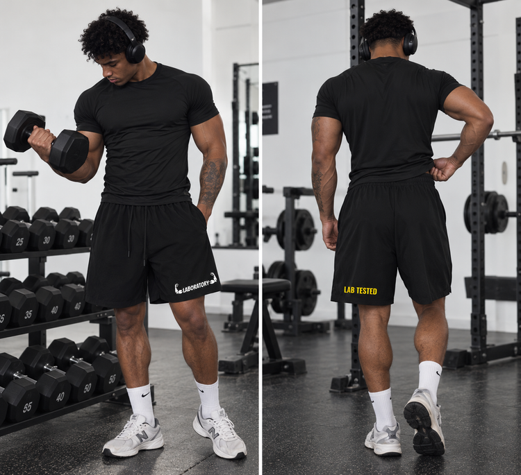 A split-screen lifestyle image showing a man in a gym wearing a black t-shirt and black shorts. The left panel shows him from the front holding a dumbbell, and the right panel shows him from the back.