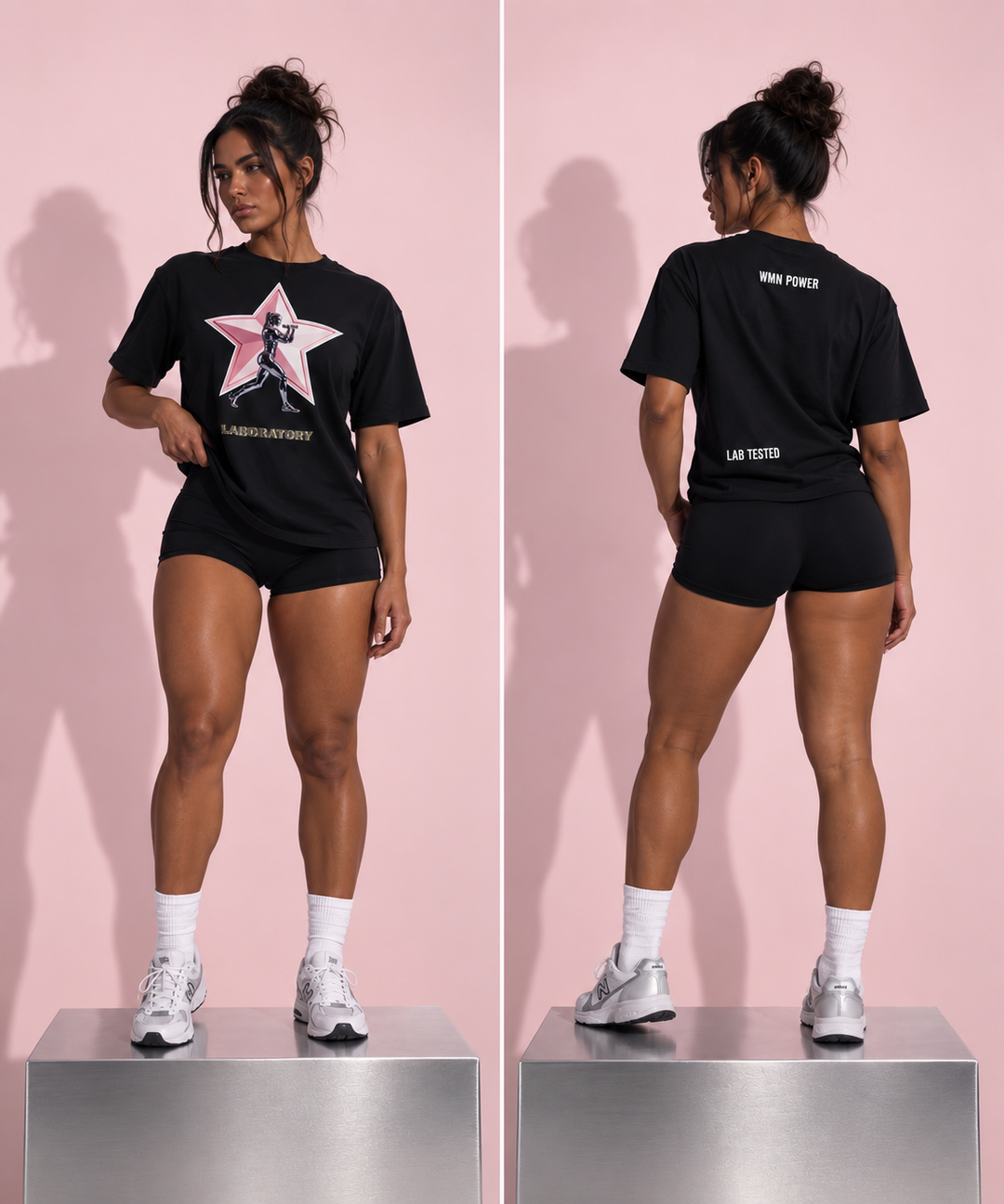 A model is shown in front and back views wearing a black graphic t-shirt, black athletic shorts, white socks, and white sneakers against a solid pink studio background.