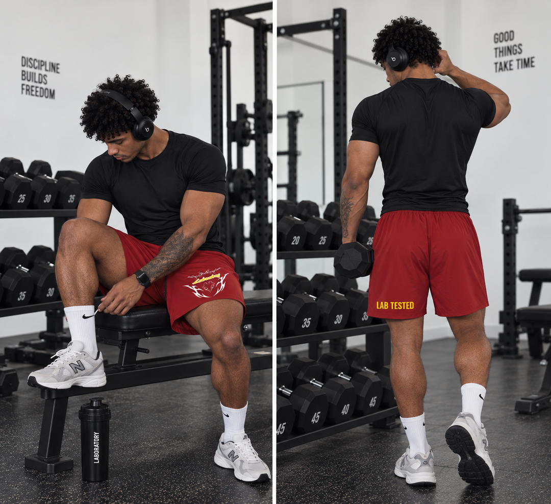 A split-screen lifestyle image showing a man in a gym wearing red athletic shorts with a yellow graphic. The left panel shows him sitting on a bench, and the right panel shows him standing and stretching.