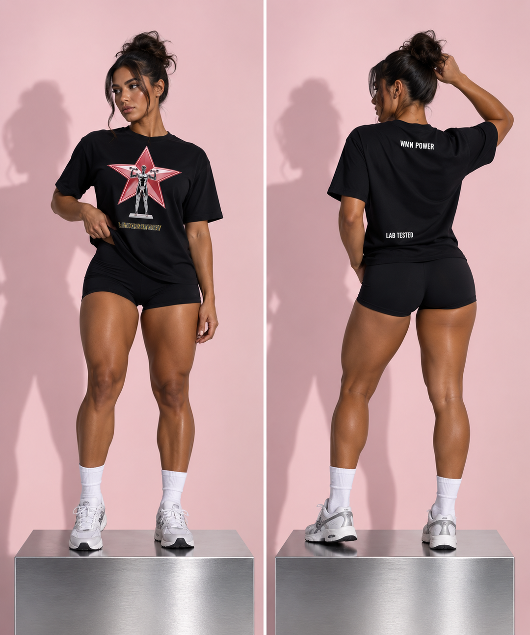 A model is shown from both front and back wearing a black LA Testers t-shirt with a red star graphic on the front and white text on the back, paired with black athletic shorts, white socks, and white sneakers, standing on a metallic platform against a pink background.