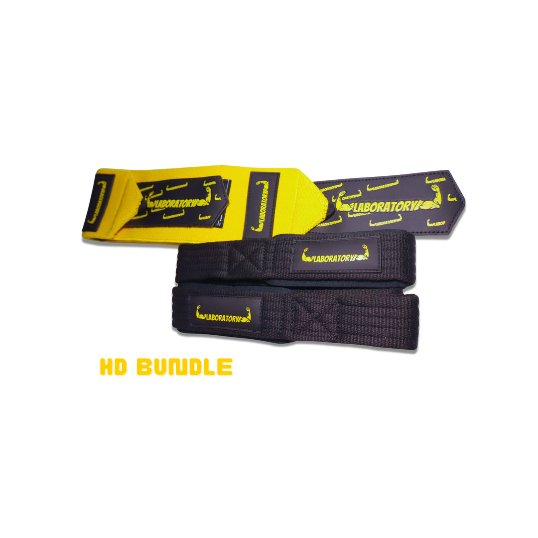 Two black and yellow wrist wraps and black lifting straps with 'Laboratory' branding on a white background, labeled 'HD Bundle'.