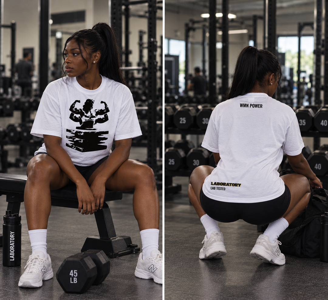A split view of a woman in a gym wearing a white graphic t-shirt by Laboratory. The left side shows her sitting on a bench facing forward with a black graphic on the front.
