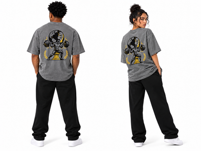 A model shown from the back in two views, wearing a heather gray t-shirt with a large graphic of a weightlifting gymrat holding a globe, paired with black sweatpants and white sneakers on a white studio background.