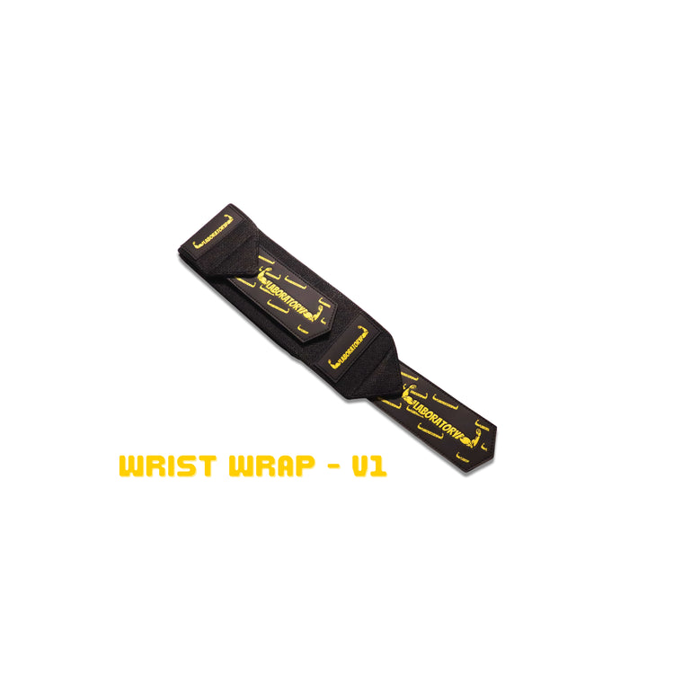 Black wrist wrap with yellow text on a white background