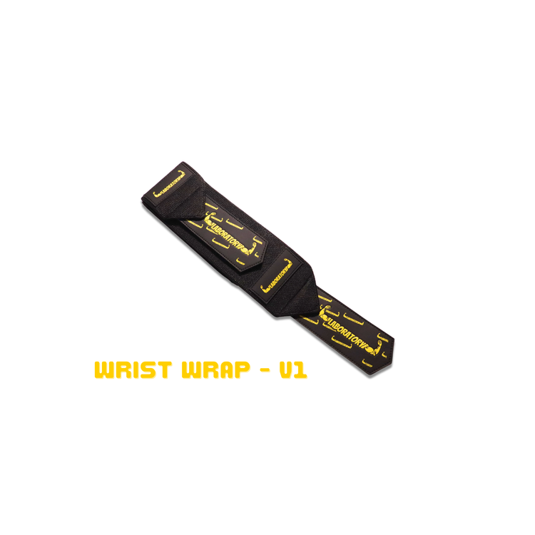 Black wrist wrap with yellow text on a white background