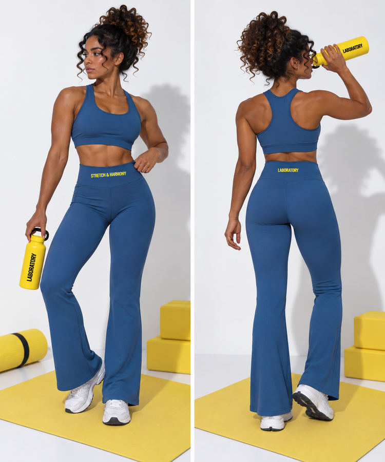 A woman modeling a matching blue activewear set in two side-by-side poses, showing the front and back views of a sports bra and flared leggings. She is holding a yellow water bottle with the brand name 'LADYBOTTLE' visible.