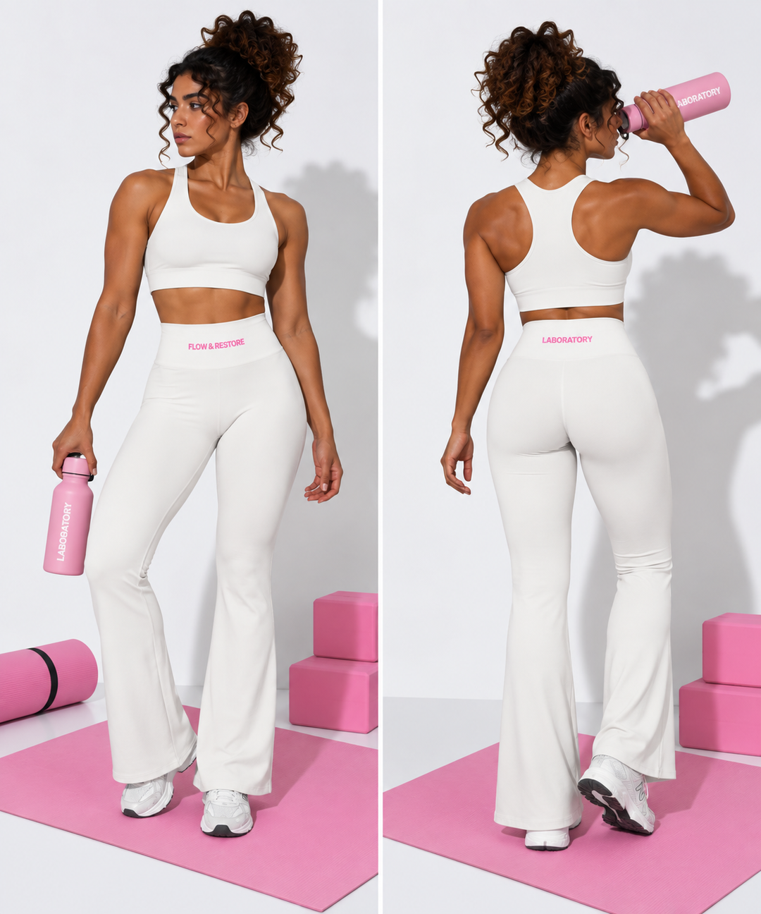 A woman modeling a matching white activewear set in a studio setting, shown from both front and back. The set includes a sports bra and high-waisted flared leggings with pink branding text on the waistbands.