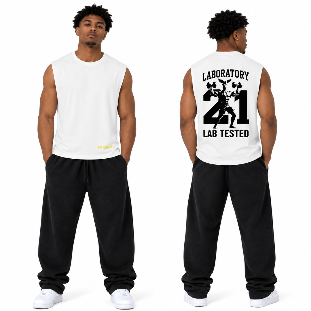 A male model shown from the front and back wearing a white sleeveless muscle tank top and black sweatpants. The front of the tank top is plain white, while the back features a large black graphic with the text 'LABORATORY 21 LAB TESTED' and a silhouette of a weightlifter.