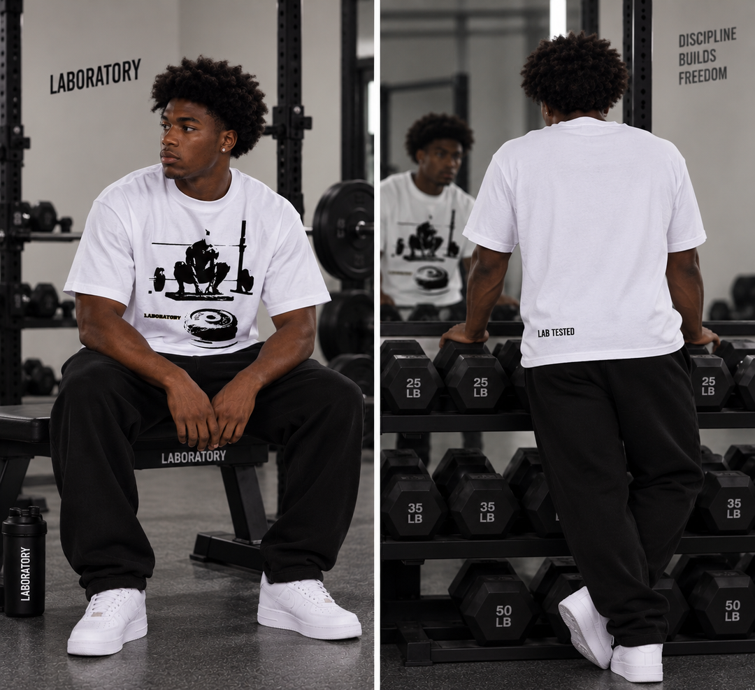 A man in a gym wearing a white graphic t-shirt and black sweatpants, shown in a split view from the front and back. The t-shirt features a black graphic of a weightlifter and a hockey puck with the text 'LAN TIERI'.