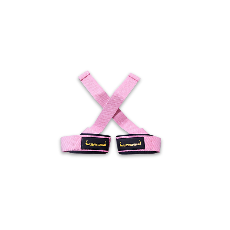 Pink Lifting straps with black logos on a white background