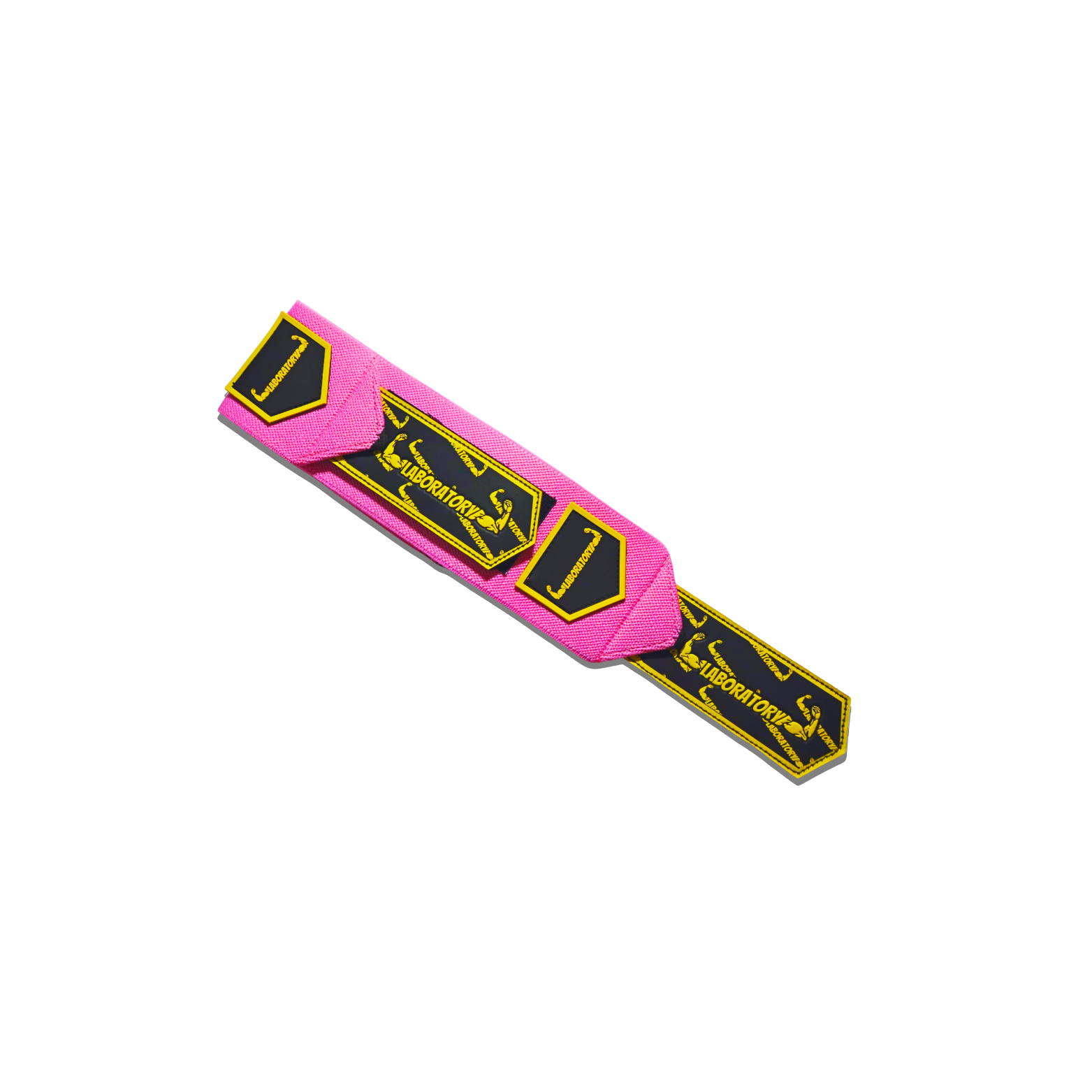 Pink and yellow Wrist wrap with branding on a white background