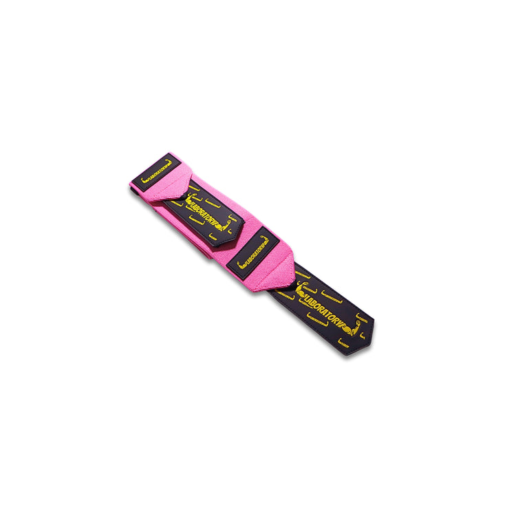 Pink and black wrist wrap with yellow text on a white background