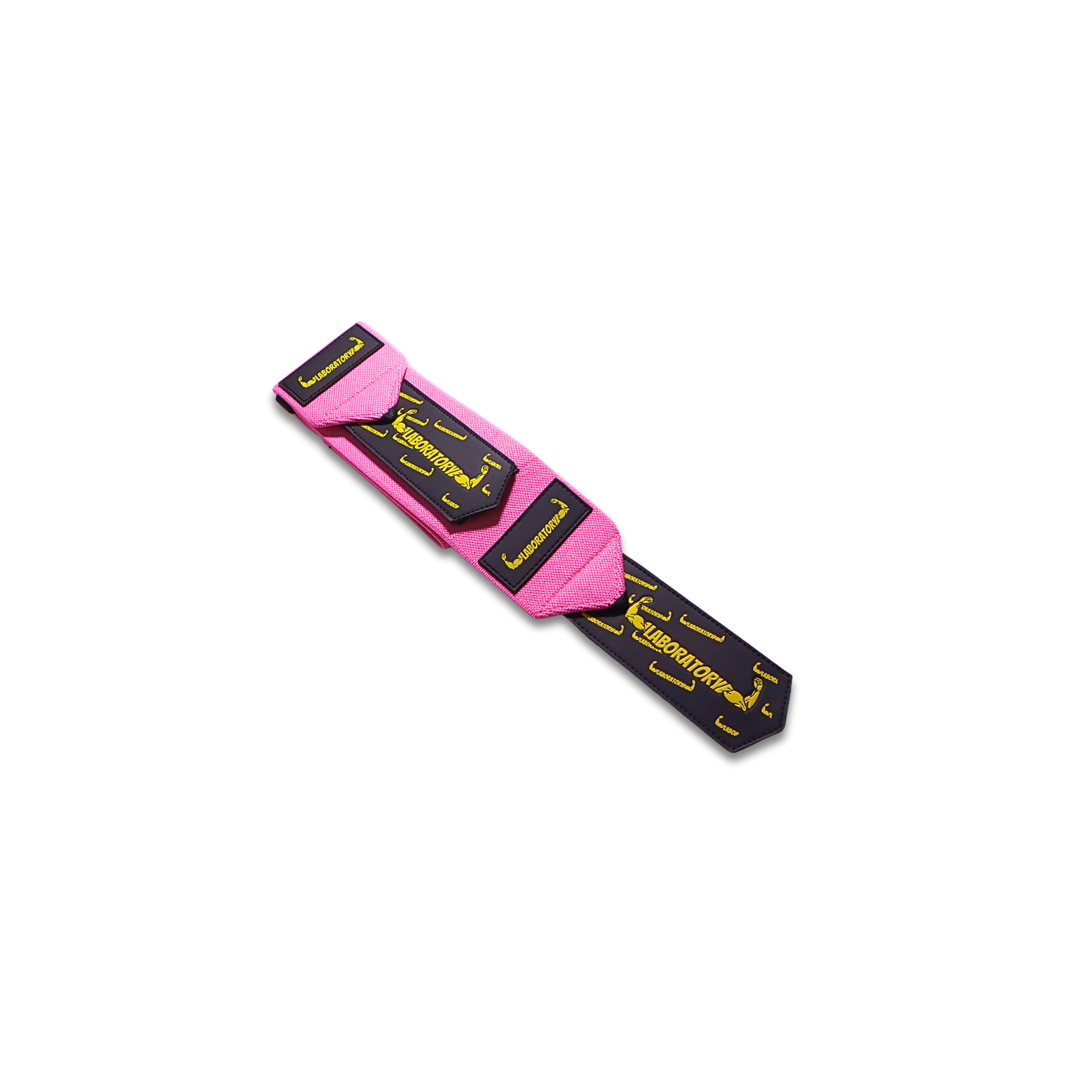 Pink and black wrist wrap with yellow text on a white background