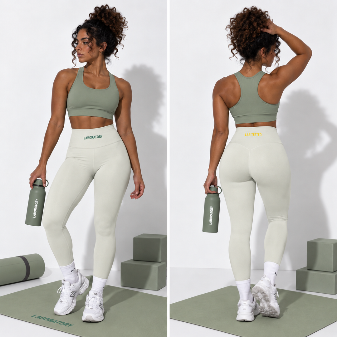 A split view of a woman modeling a matching sage green sports bra and high-waisted leggings set. The left side shows her from the front holding a matching water bottle, and the right side shows her from the back.