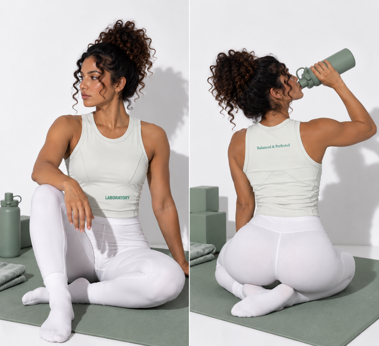 A woman modeling a light sage green athletic tank top and white leggings in a studio setting, shown from the front and back. The tank top has the brand name 'LARGAMENT' printed on the side and 'Balanced & Natural' on the back.